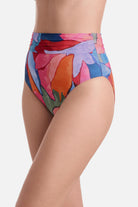 Side view of high waisted multicolored abstract printed swim bottoms