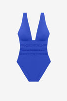 Blue one-piece swimsuit with ruffles on the waist