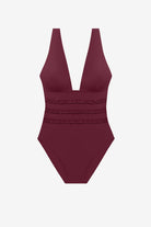 Dark red one-piece swimsuit with ruffles on the waist