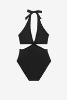 Black one-piece swimsuit with cut outs on each side