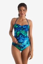 Women wearing a blue and green tie dye bandeau tankini top with straps