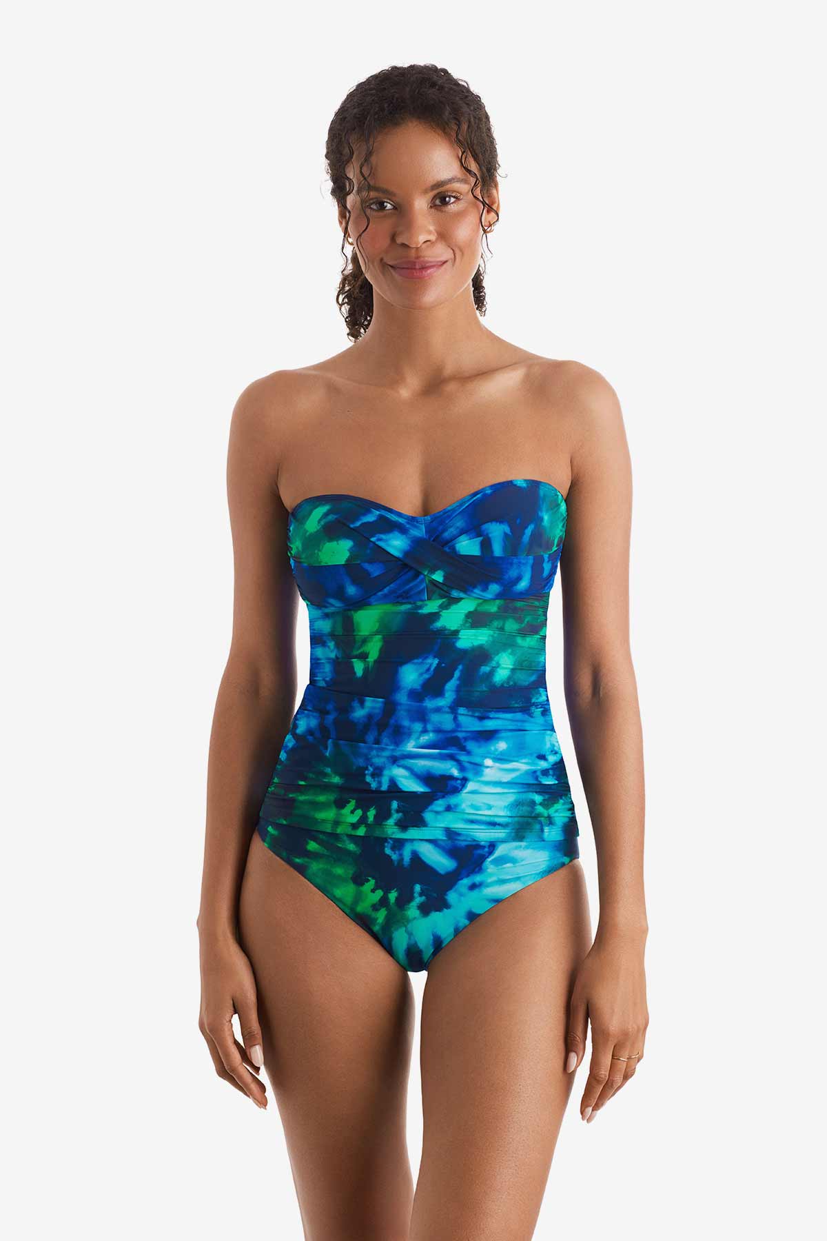 Women wearing a blue and green tie dye bandeau tankini top