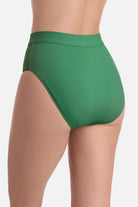 Back view of green ribbed high waisted swim bottoms