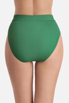 Back view of green ribbed high waisted swim bottoms