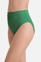 Side view of green ribbed high waisted swim bottoms