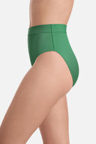 Side view of green ribbed high waisted swim bottoms