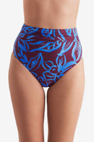 Front of high waisted blue and brown abstract floral printed swim bottoms
