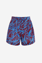 Abstract floral print beach shorts in blue and brown