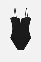Black one-piece swimsuit with a sweetheart neckline