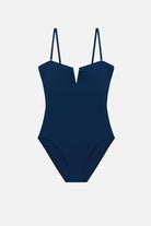 Dark blue one-piece swimsuit with a sweetheart neckline
