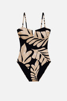 One-piece swimsuit with a black and tan palm leaf print 