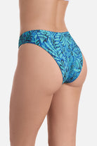 Back view of abstract blue printed swim bottoms