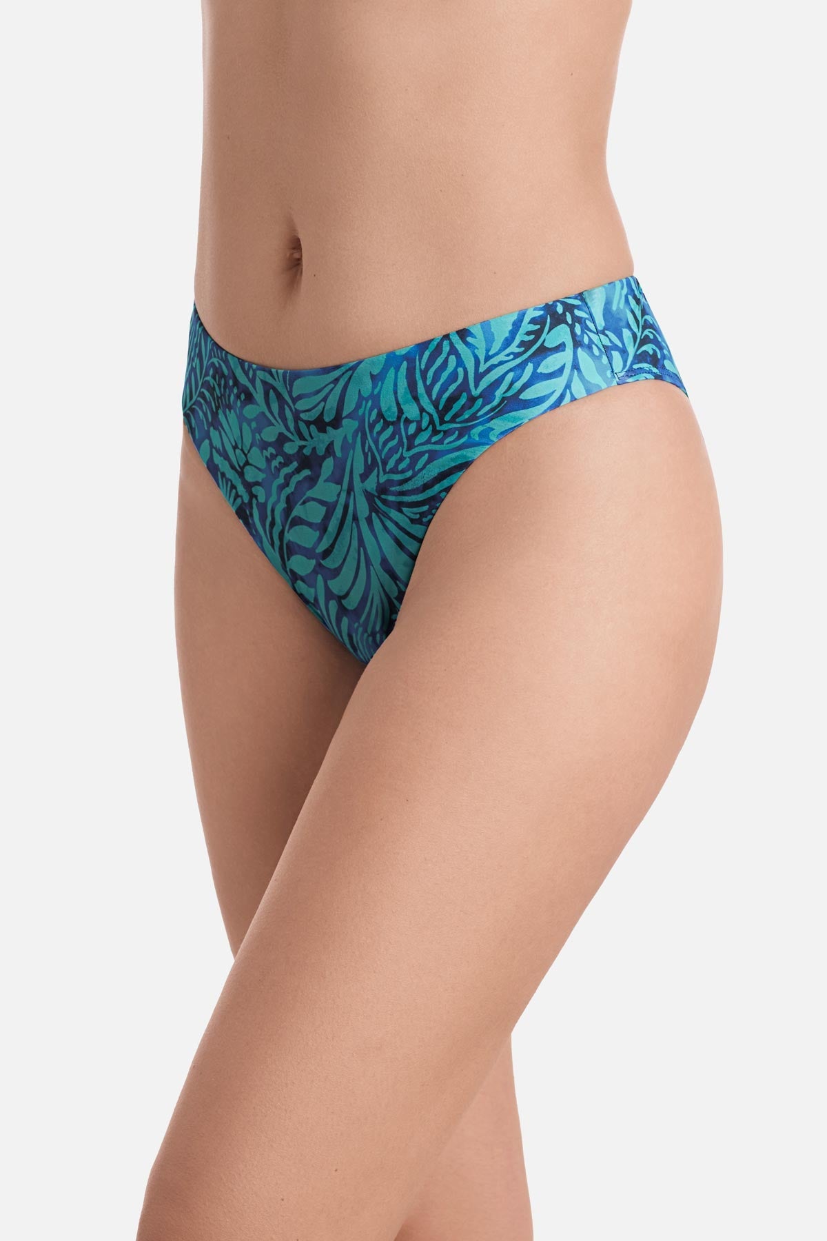 Side view of abstract blue printed swim bottoms