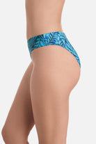 Side view of abstract blue printed swim bottoms