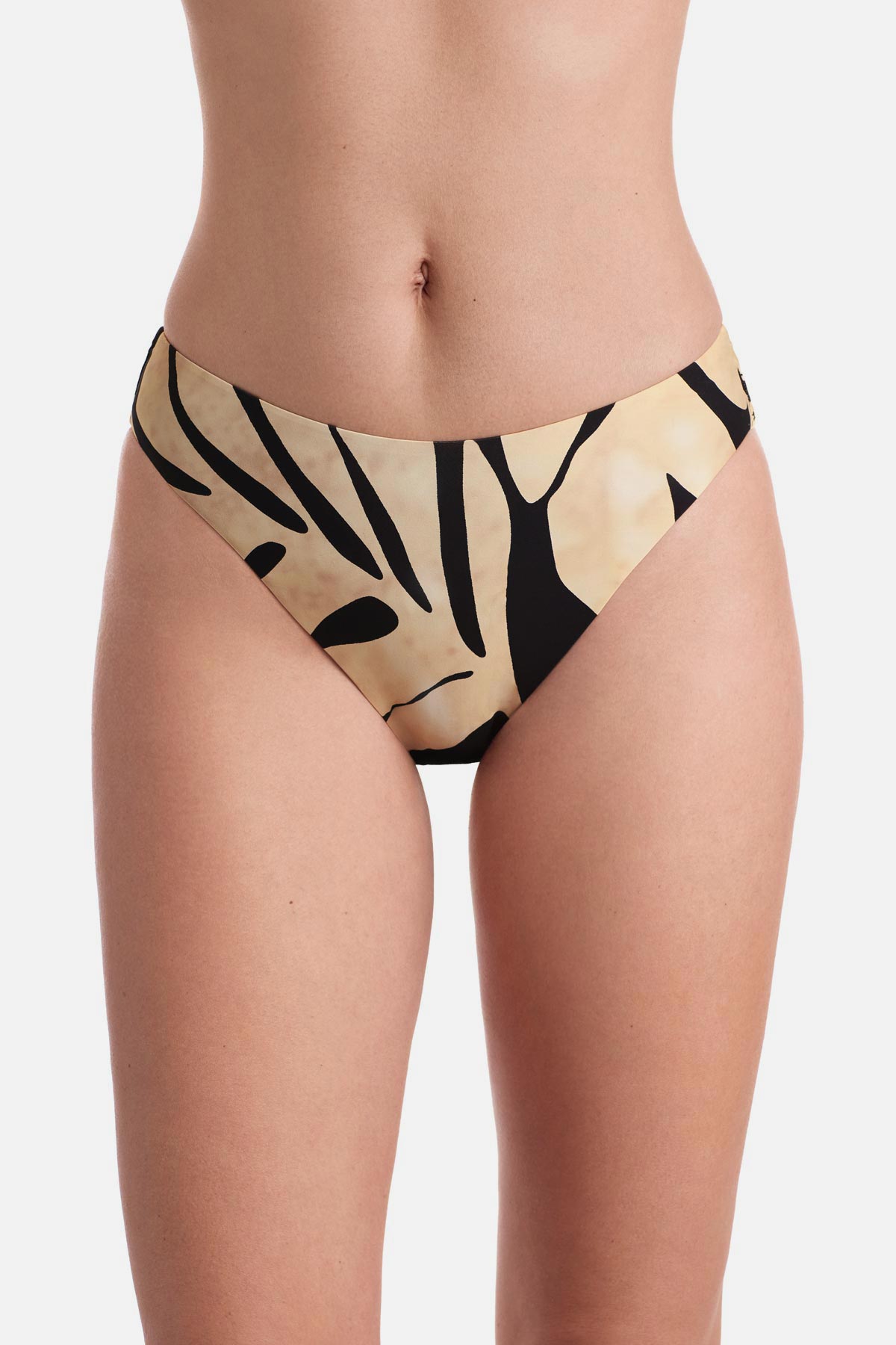 Front view of large tan and black palm leaf printed low rise swim bottoms