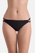 Front view of side cut out black swim bottoms