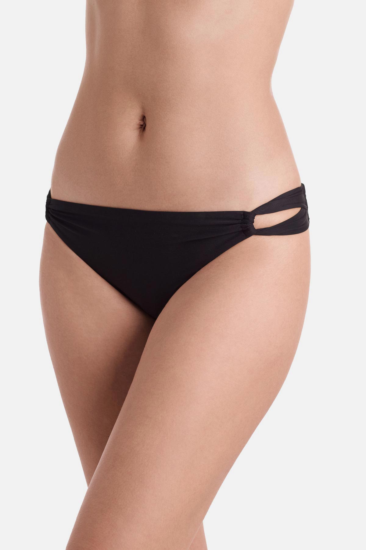 Side view of side cut out black swim bottoms