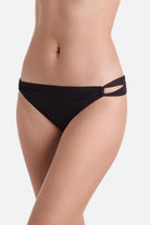 Side view of side cut out black swim bottoms