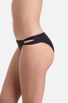 Side view of side cut out black swim bottoms