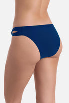Back view of dark blue side cutout swim bottoms