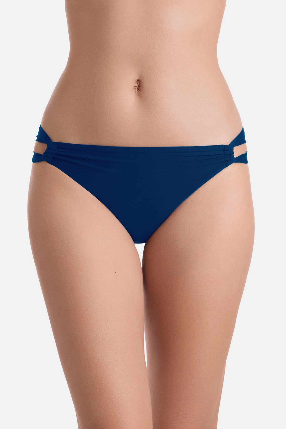 Front view of dark blue side cutout swim bottoms