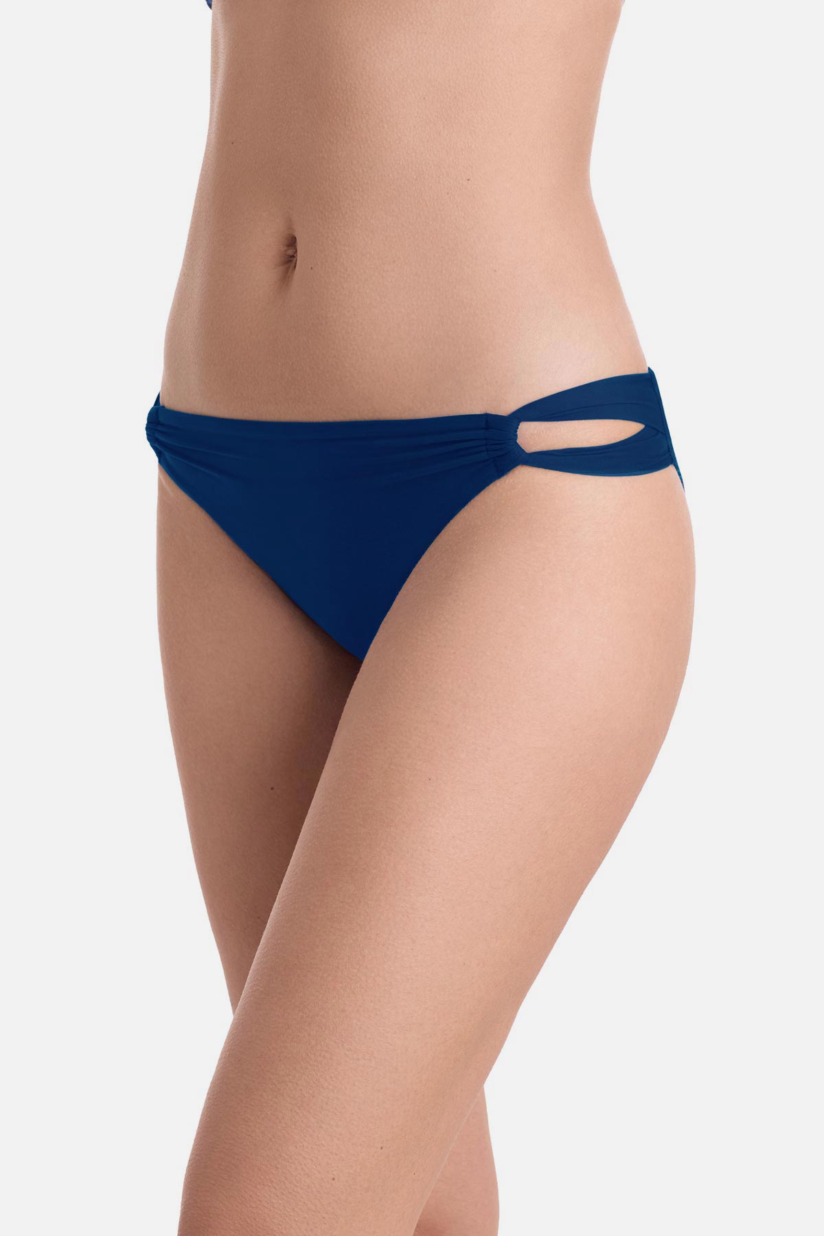 Side view of dark blue side cutout swim bottoms
