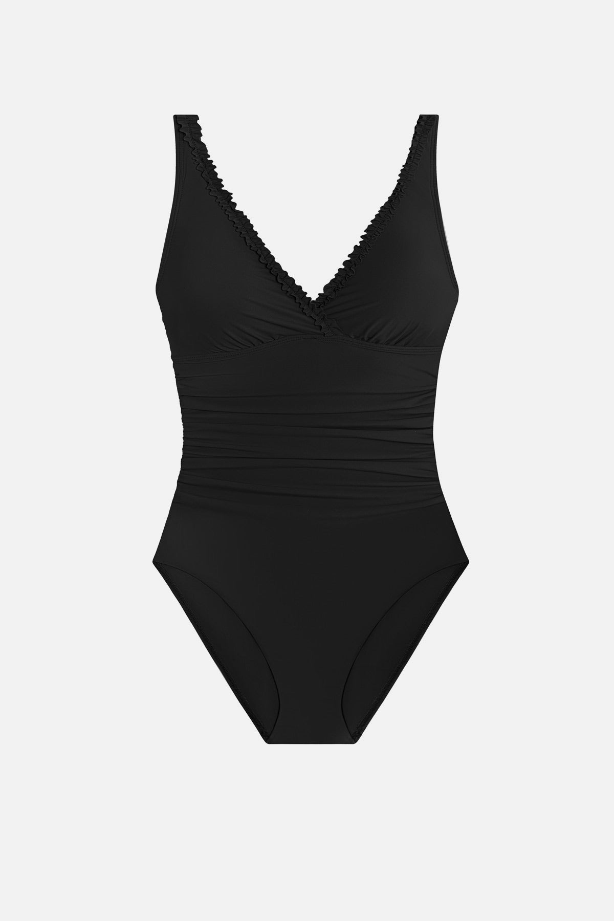 Black one-piece swimsuit with frills on the edges