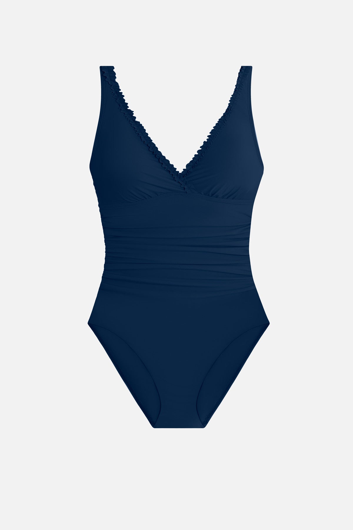 Dark blue one-piece swimsuit with ruffles on the edges