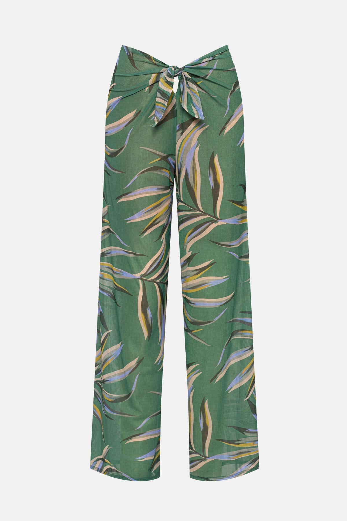 Multicolored leaf printed swim cover up pants with a matching midkini top