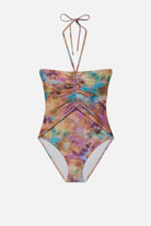 Tie dye one-piece swimsuit with a halter tie