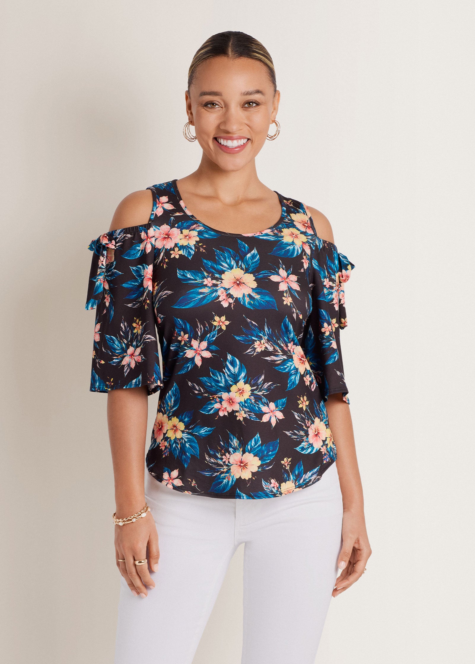 Venus Printed Cold Shoulder Top Blue Multi – VENUS