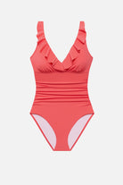 Coral pink one-piece swimsuit with ruffles on the neckline