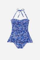 Blue and white floral printed skirted one-piece swimsuit