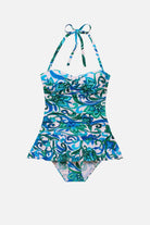 Blue and green floral printed skirted one-piece swimsuit