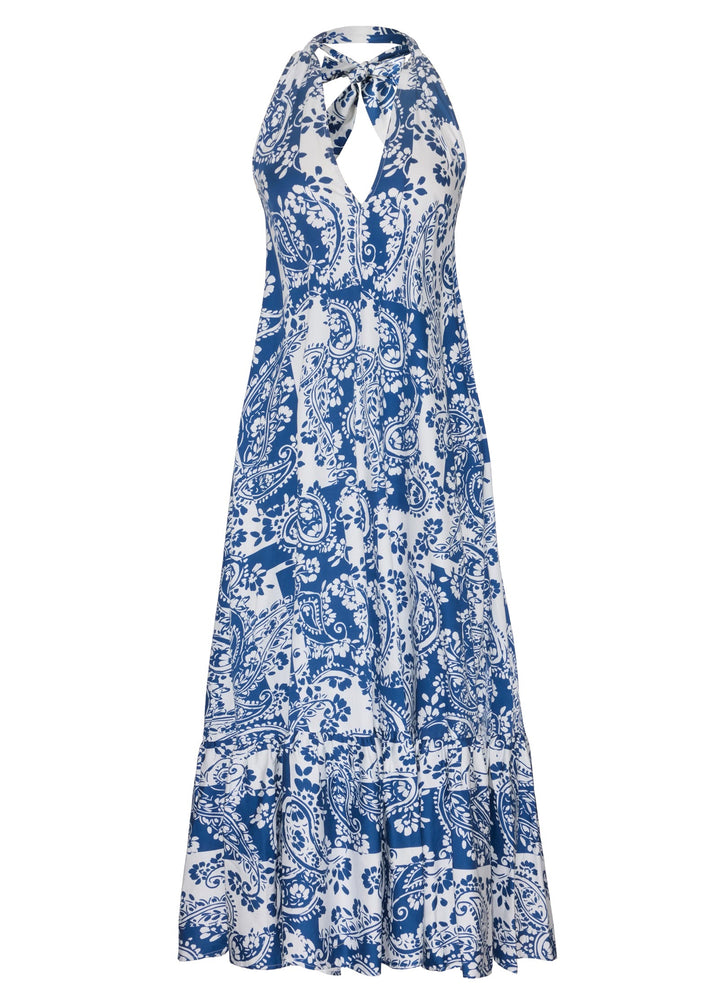 Venus Deep V-Neck Halter Maxi Dress Patched Paisley Blue – VENUS
