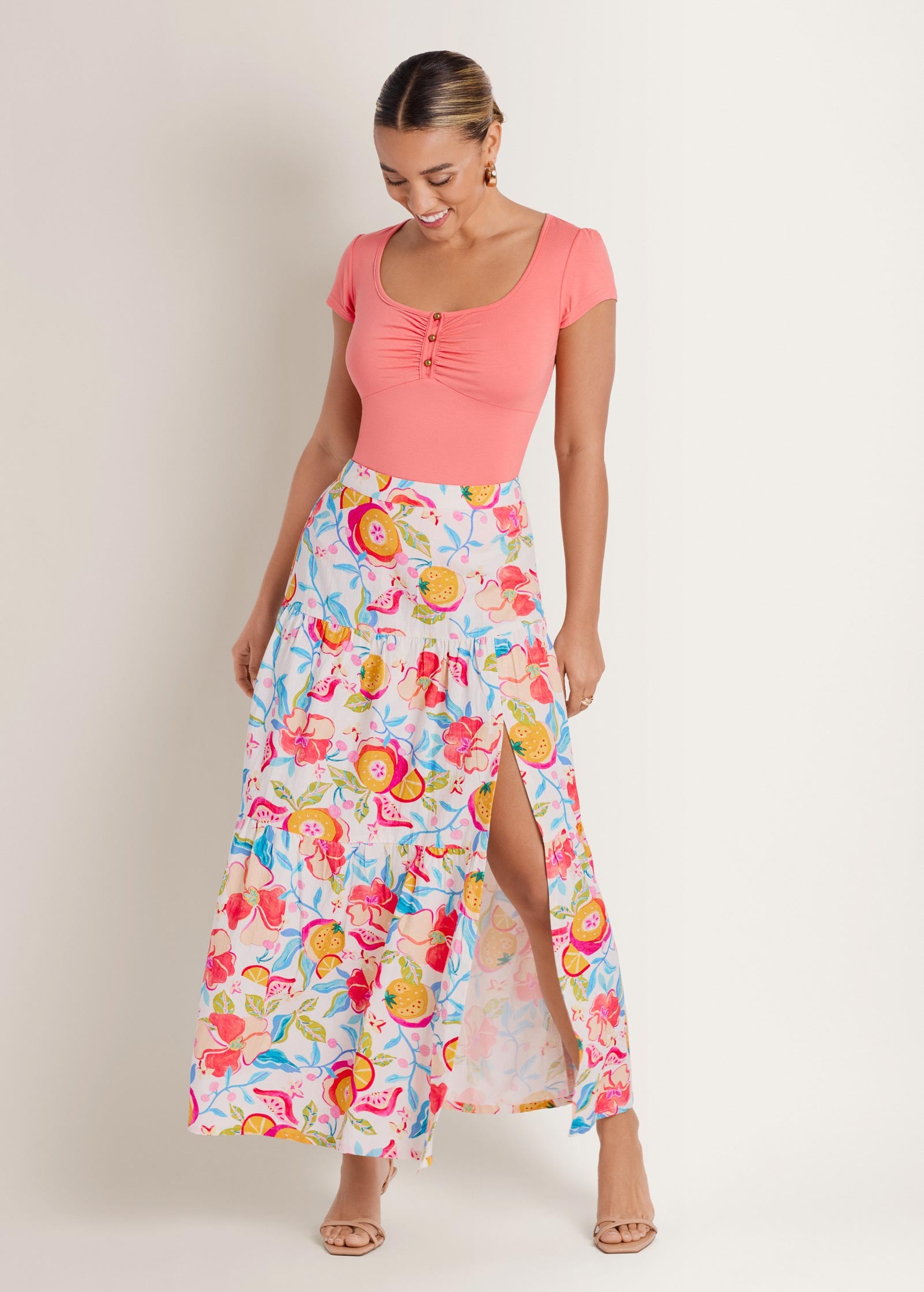 Venus Linen High Slit Skirt Soft Citrus Floral – VENUS