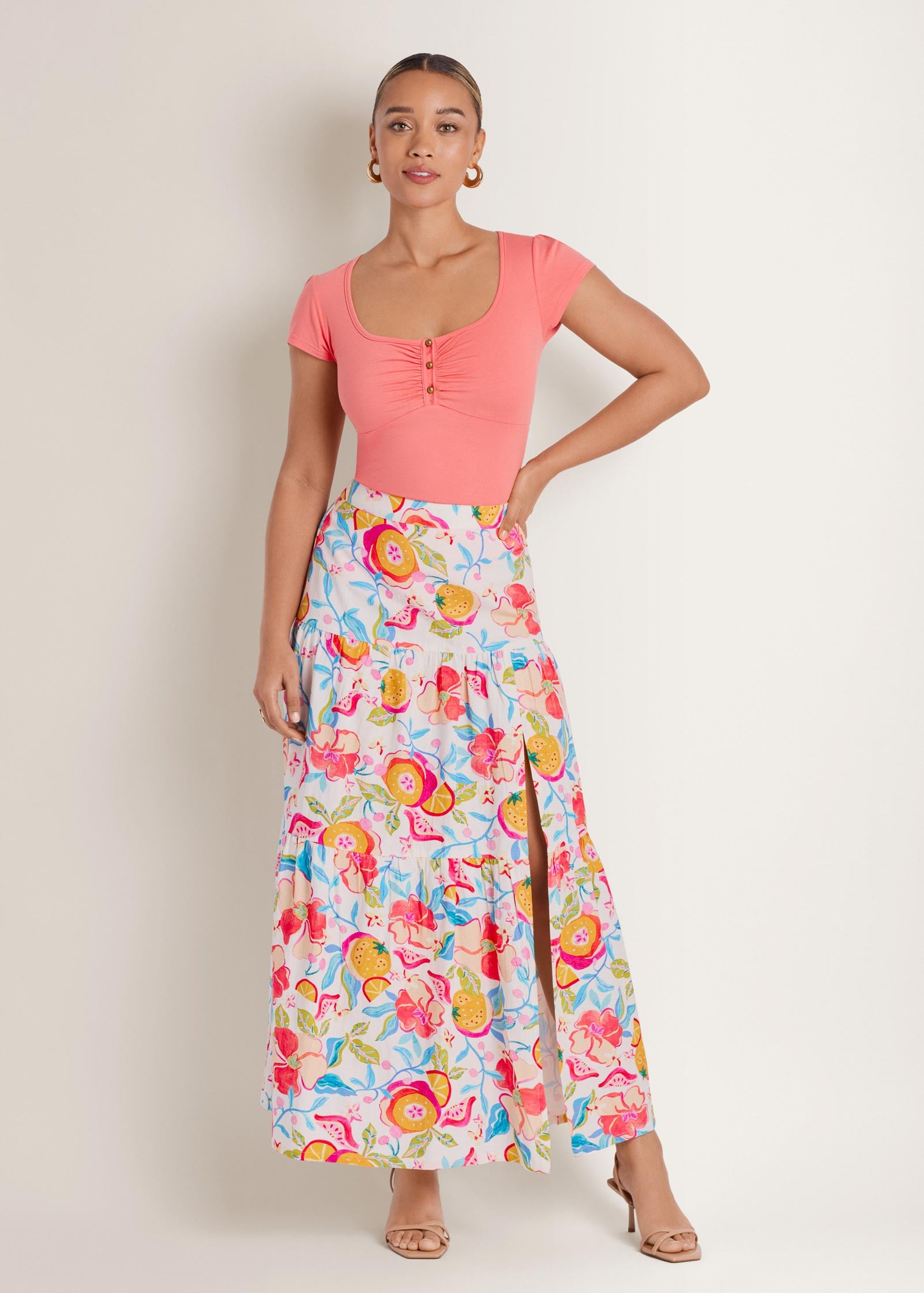 Venus Linen High Slit Skirt Soft Citrus Floral – VENUS