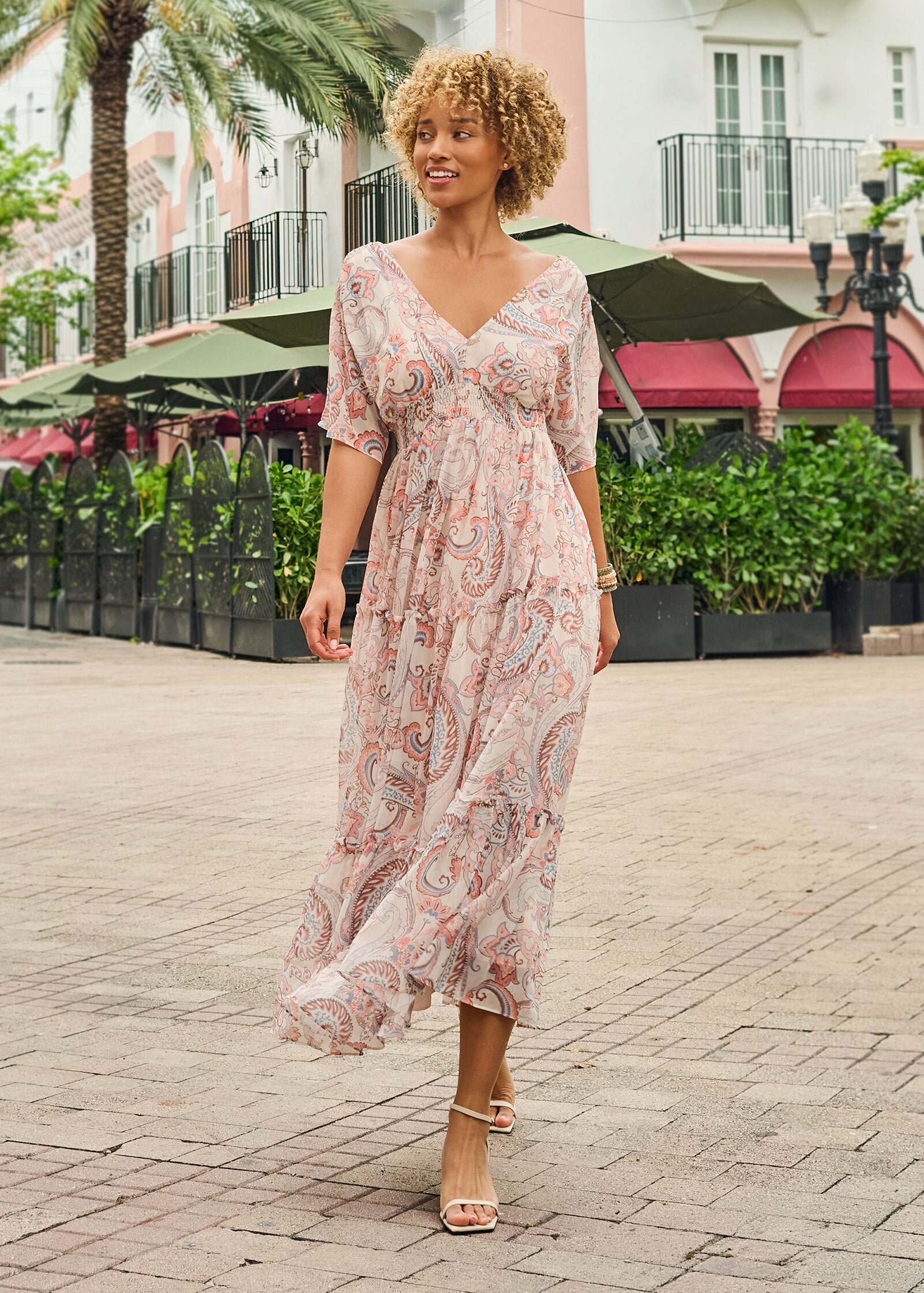 flutter sleeve maxi dress VENUS | Coastal Paisley RegularSizing When the leaves start Color:deep navy bengaline House of Mooshki Off-Shoulder