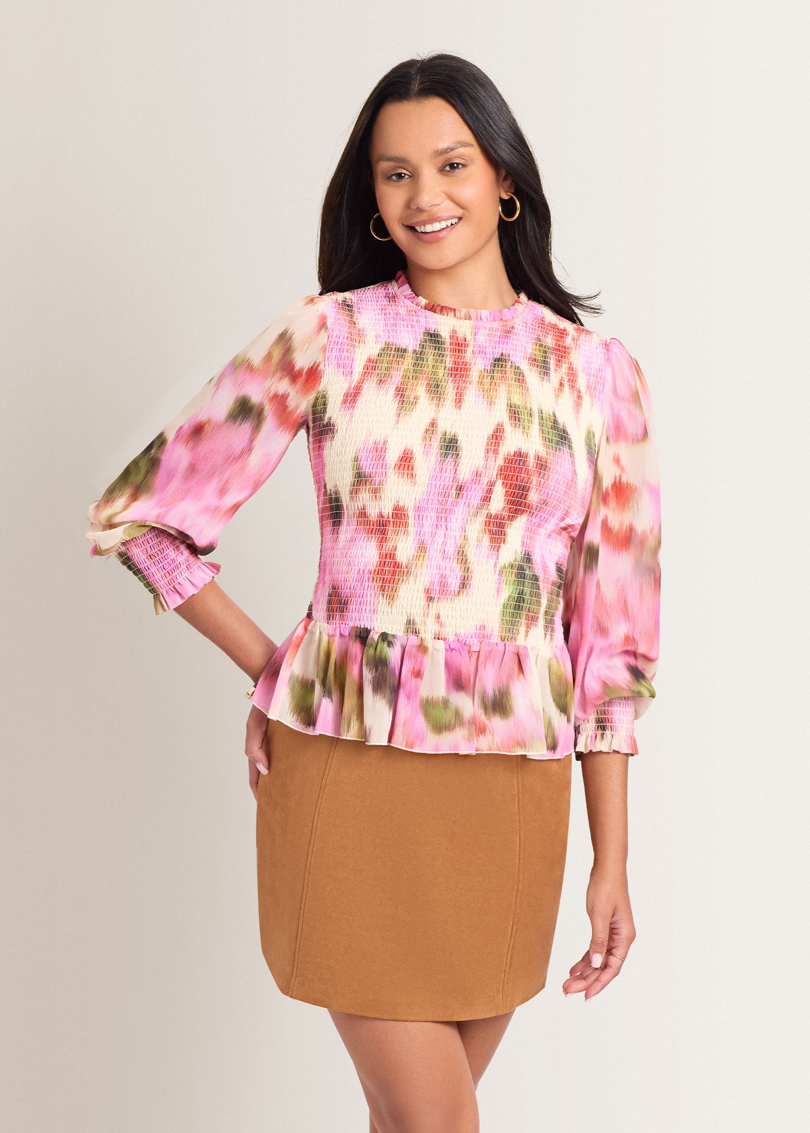 Venus Sheer Sleeve Peplum Top Blurred Floral – VENUS