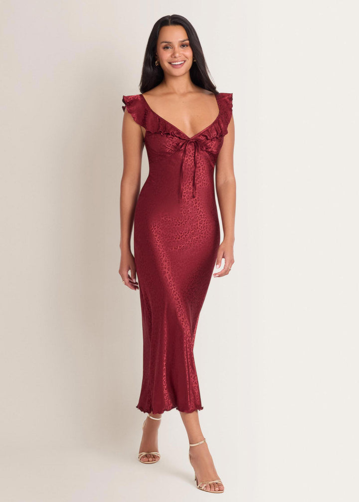 venus burgundy dress Ruffle Contrast Midi | Rhubarb Ball gown